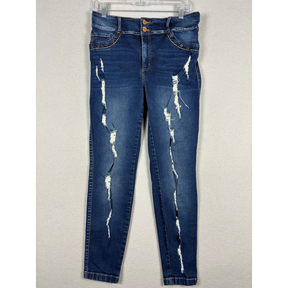 Lujuria Distressed Skinny Jeans High Waist Embellished 14 Blue Distressed